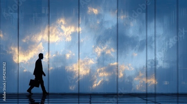 Fototapeta A silhouette of a businessman walking with a briefcase in front of a large glass wall reflecting a cloudy sky at sunset.