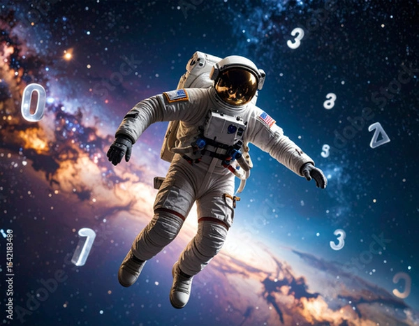 Fototapeta Astronaut with floating numbers in space. An astronaut floats weightlessly in deep space surrounded by glowing numbers. The cosmic scene evokes mystery, science, and exploration.