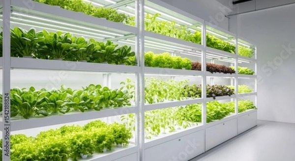 Fototapeta Rows of fresh green plants growing in an indoor vertical hydroponic farm with artificial lights. Modern agriculture for sustainable food production.
