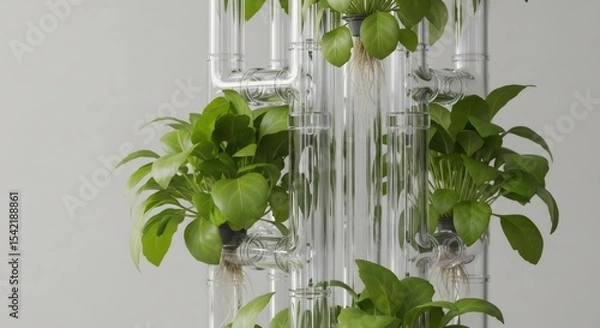Fototapeta Hydroponic plants growing in a transparent pipeline system on a white background. Indoor vertical garden for sustainable farming.