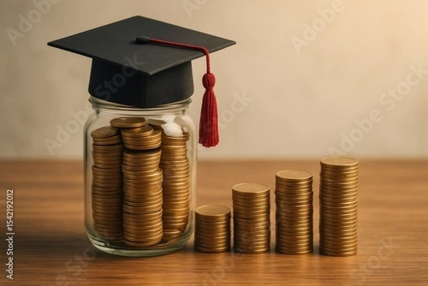 Obraz Graduation Cap Symbolizing Education Savings With Stacked Coins Representing Financial Growth and Investment in Future