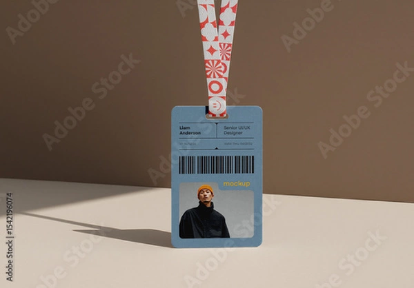 Fototapeta Single ID Card Mockup with Modern Lanyard – Professional Badge Design Displayed with Strong Shadow on Neutral Surface