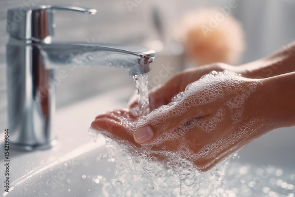 Obraz A close-up of hands washing in the sink, a white bathroom with a silver faucet