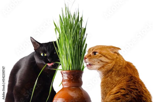 Fototapeta Contrasting cats isolated: black cat and ginger Scottish Fold eating grass from jugs. Horizontal diptych, transparent PNG options. Ideal for packaging, collages, or adoption campaigns.