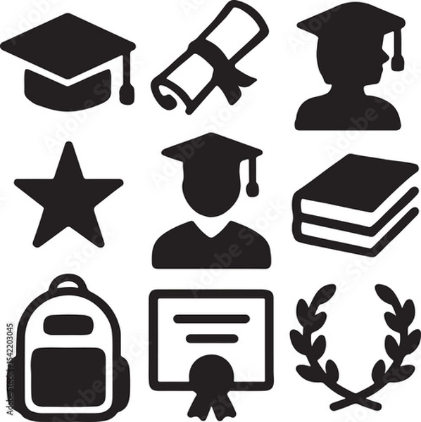 Fototapeta Online education icon set. Containing teacher avatar, school blackboard, apple, and textbook symbols. E-learning and digital education icons. Solid icon collection.