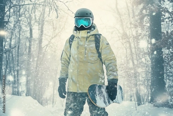 Fototapeta Snowboarder in Winter Landscape with Snow Falling and Trees
