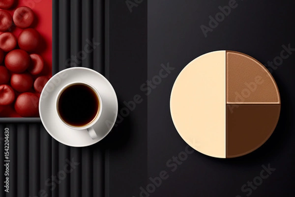 Obraz Top view of a delicious tiramisu dessert on a black background, perfect alongside a coffee. Indulgent tiramisu and cheesecake desserts with a rich cheese layer, presented from a top view on a dark