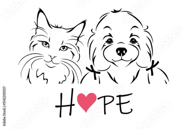 Fototapeta Outlined portrait of cat and Maltese Bichon. Hope