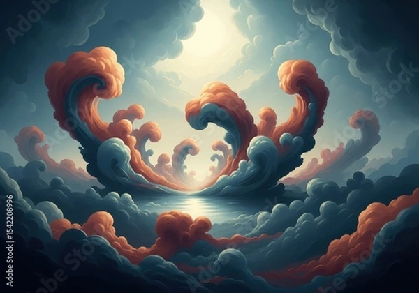 Obraz Golden Light Cloud Path. A captivating vibrant vista of swirling vapor and warm hues, leading towards a brilliant horizon. Represents hope and new beginnings.