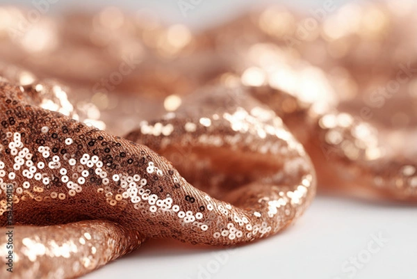 Obraz A close-up of sequin fabric in rose gold, draped elegantly over the edge on a white background