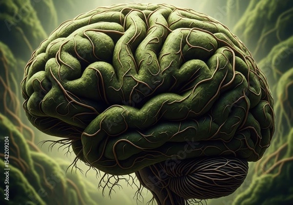 Obraz Verdant Mind Organic Connection. This conceptual cerebral organ blends lush botanical elements with intricate root systems. It signifies cognitive growth, sustainability, and ecological awareness.