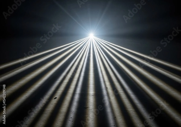 Obraz Dynamic Light Beams on Shadowed Floor. Brilliant illumination projects parallel lines across a shadowy surface. This abstract scene signifies discovery, direction, and new beginnings.