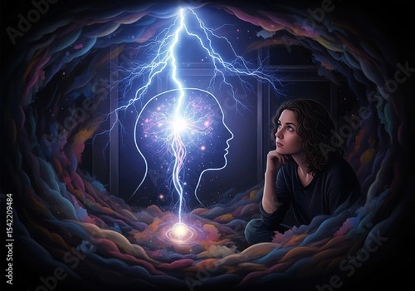 Obraz Thought Energy and Spiritual Vision. A pensive figure gazes at a luminous brain outline, illustrating profound mental activity and an electrifying connection to universal understanding and creation..