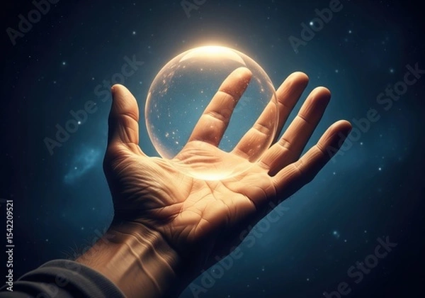 Obraz Hand Holds Luminous Cosmic Sphere. A human palm gently cradles a brilliant, transparent orb, symbolizing destiny, universal power, and the future held within reach.