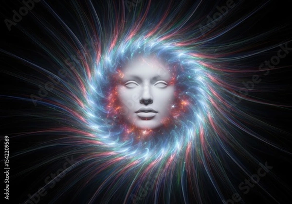 Obraz Cosmic Mind Aura. A serene visage is enveloped by a radiant, swirling light field, representing spiritual awakening, universal wisdom, and the vibrant life force.