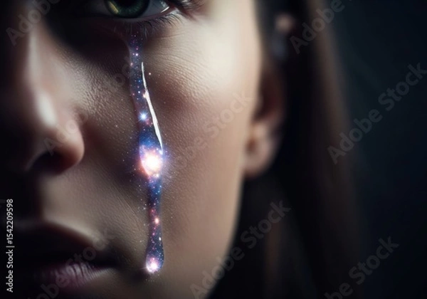 Obraz Cosmic Tear from Human Eye. A luminous drop, shimmering with stardust and nebulae, descends from a woman's gaze. It embodies the profound inner universe of feeling.