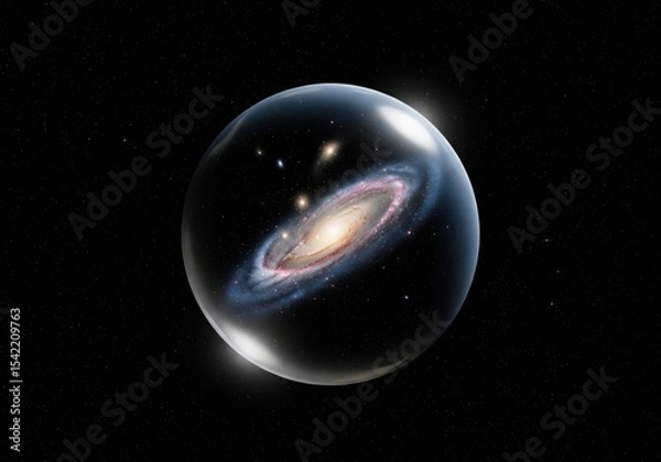 Obraz Galaxy in a Cosmic Sphere. Observe a beautiful spiral galaxy encapsulated within a reflective bubble, floating in dark outer space. This evokes wonder and infinite possibilities.