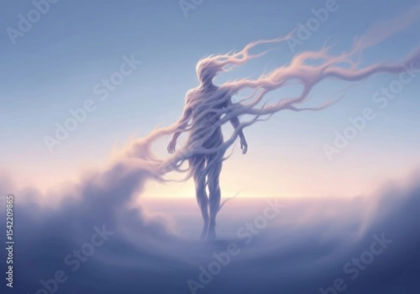 Obraz Ethereal Being in Heavenly Mist. A spiritual entity formed from swirling vapor stands amidst a tranquil sky. This image evokes concepts of transcendence, rebirth, and inner liberation.