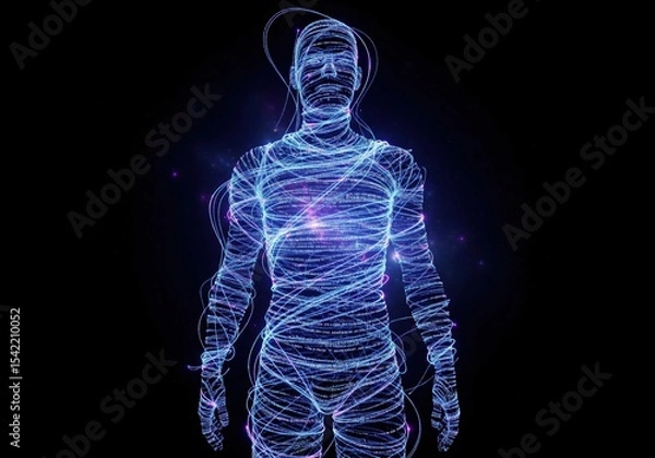 Obraz Digital Human Form. This glowing figure, composed of luminous lines of code, represents advanced technology, data streams, and the evolving nature of artificial intelligence in a virtual realm.