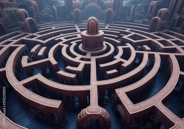 Obraz Intricate Labyrinth Puzzle. A complex circular enigma, meticulously crafted from textured material, representing the journey of discovery and profound mental challenge.