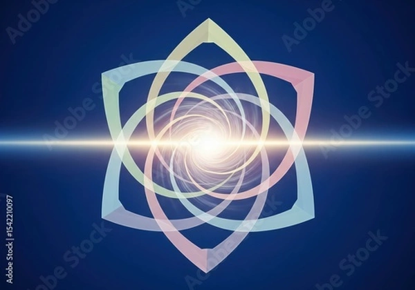 Obraz Spiritual Geometry Energy Portal. Bright central light and colorful orbital lines forming a sacred pattern, evoking themes of universal harmony and deep discovery.