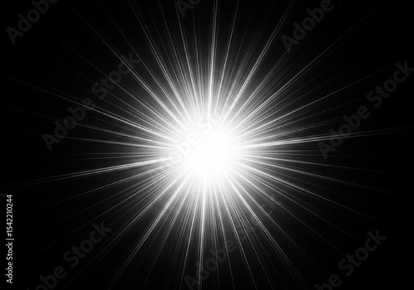 Obraz Radiant White Light Burst. A powerful central luminosity radiates countless brilliant beams against a dark backdrop. Symbolizes new beginnings, energy, or a breakthrough idea.