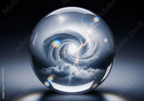 Obraz Severe Storm Crystal Sphere. A transparent orb encases a swirling hurricane, fierce lightning, and falling precipitation. It symbolizes nature's immense power and global climate challenges.