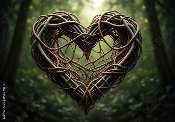 Obraz Organic Heart Branches. A beautiful heart design formed by intertwining tree limbs and textured wood, representing profound natural bonds, growth, and love for our planet within a serene forest.