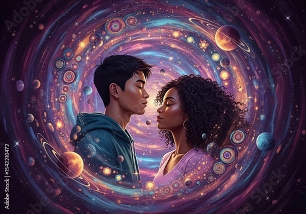 Obraz Cosmic Love: Soulmates in Universe. A couple shares a profound spiritual connection amidst a stunning celestial backdrop. This artwork evokes harmony, unity, and an infinite bond.