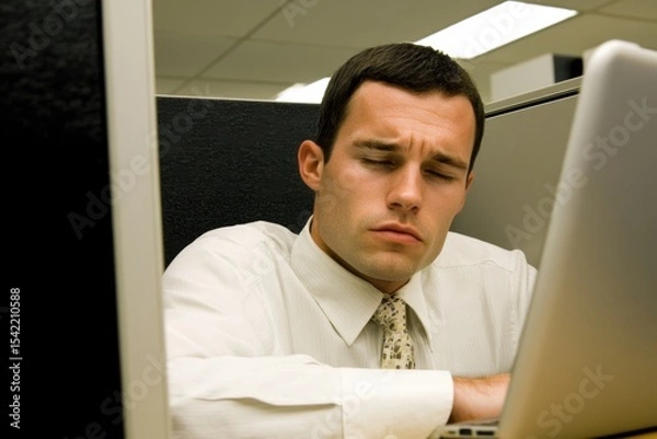 Fototapeta Stressed Businessman at Work in Office Cubicle with Laptop