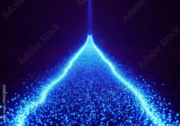 Obraz Abstract Radiant Data Pathway. Dynamic visual of glowing sapphire particles forming a route towards a bright source. Represents technological advancement, digital progress, and interconnected.