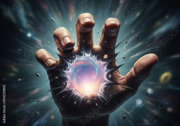 Obraz Cosmic Hand Unleashing Universal Energy. A powerful human palm grasping a vibrant nebula, symbolizing divine genesis, infinite control, and vast possibilities within the cosmos.