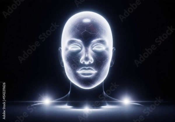 Obraz Radiant Artificial Intelligence. A brilliant digital mind emerges from darkness, symbolizing future insights, advanced consciousness, and the awakening of synthetic cognition.
