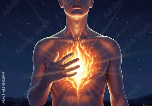 Obraz Radiant Heart Energy. Vibrant inner light radiates from a human chest, representing profound passion, spiritual connection, and emotional power under a starlit cosmos.