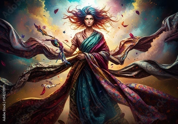 Obraz Chromatic Spirit of Creation. Ethereal figure, her multicolored tresses and billowy garments symbolize vibrant creative power, endless vitality, embodying nature's grand awakening.