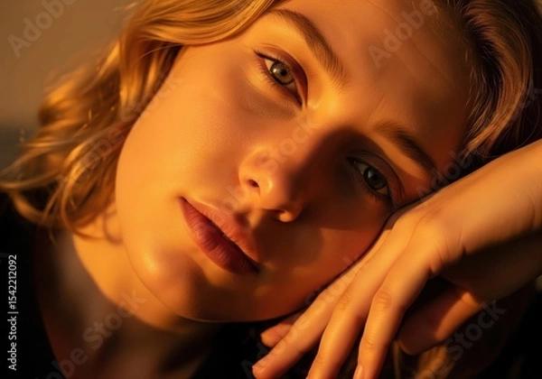 Obraz Serene Woman Golden Light Portrait. Captivating female visage bathed in soft, amber sunbeams. Evokes feelings of peace and deep thought, showcasing natural charm.