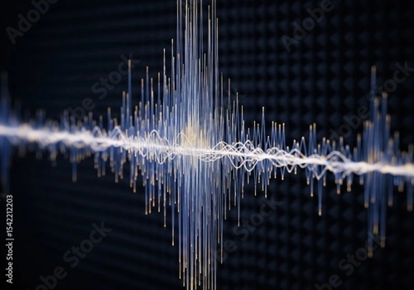 Obraz Digital Audio Wave Spectrum Visualization. Dynamic representation of sound frequencies on a textured dark background. Symbolizes data flow, advanced diagnostics, and technological progress.
