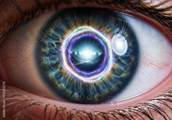 Obraz Cosmic Eye Portal to Inner Universe. Captivating close-up of an individual's orb, revealing a stunning vibrant landscape within its depths. Symbolizes human imagination, future foresight, and.
