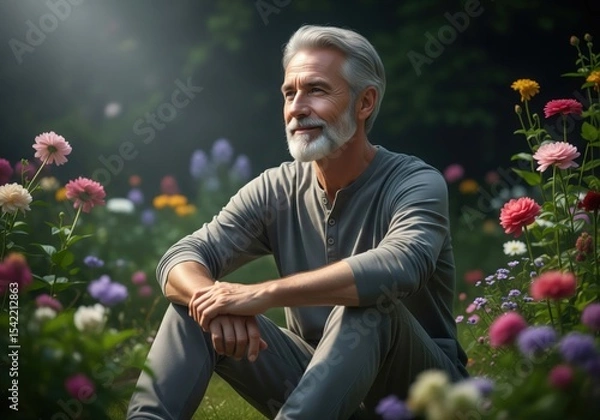 Obraz Serene Man in Blossoming Garden. A handsome gentleman with silver hair sits calmly amidst a colorful flower meadow. This image evokes feelings of tranquility, contemplation, and natural harmony.