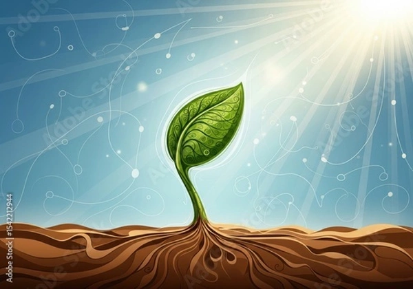 Obraz Vibrant Green Sprout Under Sunlight. A delicate sapling emerges from brown earth, nurtured by solar rays. It represents evolution, environmental care, and fresh vitality.