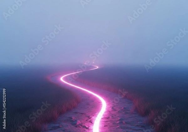 Obraz Vibrant Trail Through Mysterious Haze. A brilliant magenta light stream guides through an enigmatic, foggy environment, hinting at digital transformation, exploration, and the uncharted future..