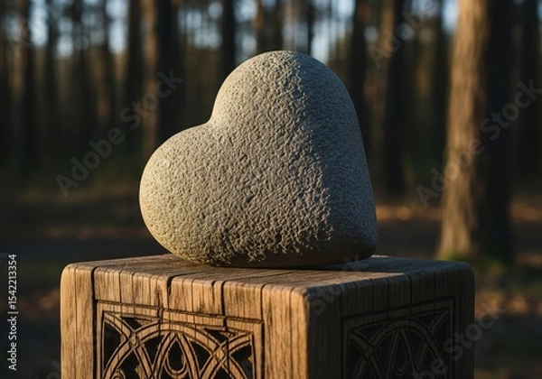 Obraz Stone Heart on Wooden Pedestal. A sculpted natural object shaped like a heartfelt symbol rests on an ornate timber base, conveying deep affection and nature's quiet beauty.