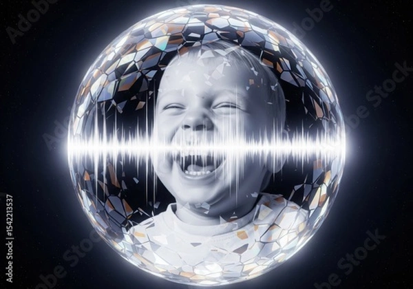 Obraz Child's Joyous Voice Waves Through Orb. A radiant infant's energetic utterance generates powerful vibrations, symbolically shattering a geometric sphere in deep space. Represents impactful.