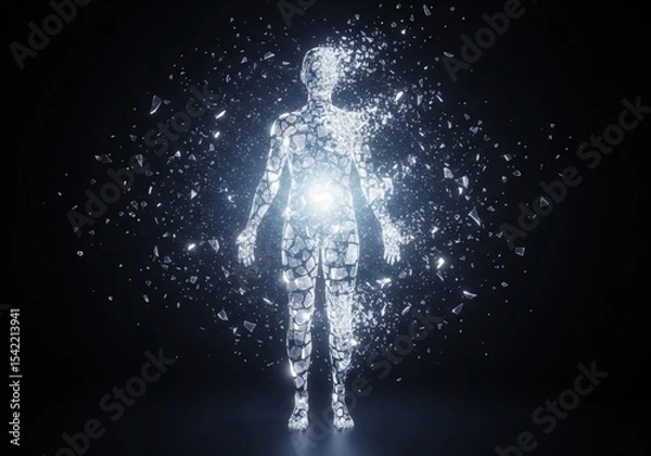 Obraz Shattered Human Form with Inner Light. A fragmented digital person radiates bright energy, symbolizing a powerful transformation or spiritual awakening from within.