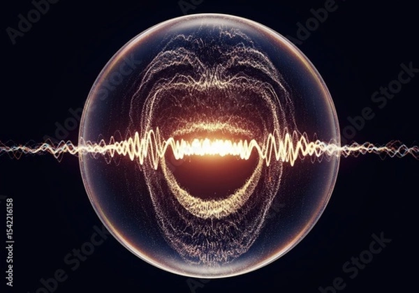 Fototapeta Digital Voice Emission. An artistic representation of an energetic sonic burst contained within a translucent orb, symbolizing advanced communication or artificial intelligence.