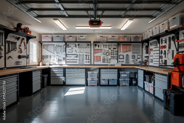 Fototapeta organized garage featuring systematic tool arrangement, transparent storage boxes, durable floor coating