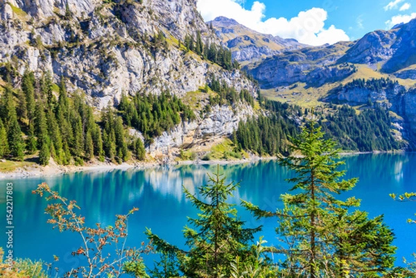Obraz View of Oeschinen lake (Oeschinensee) and Swiss Alps near Kandersteg in Bernese Oberland, Switzerland