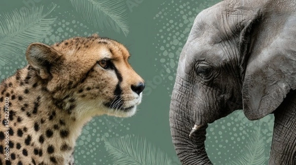 Fototapeta Cheetah and Elephant Portraits on Green Background with Patterns