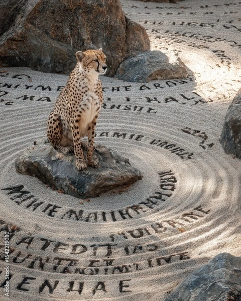 Fototapeta Cheetah Sitting on Rock Surrounded by Intricate Sand Patterns