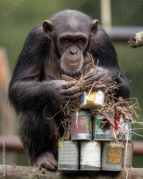 Fototapeta Chimpanzee Building Nest with Cans and Sticks in Nature Setting